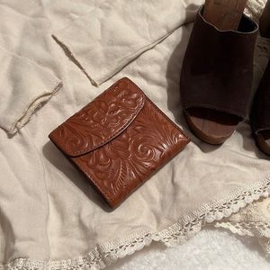 Leather cognac floral embossed tri-fold Wallet